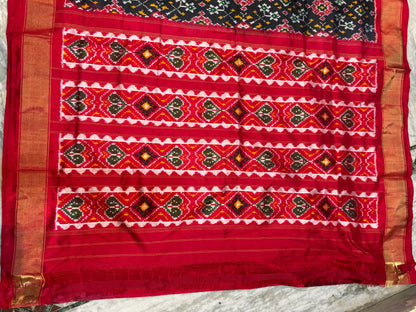 Pochampally Ikat Patola Silk Navy Blue Red Sari - pochampallysarees.com