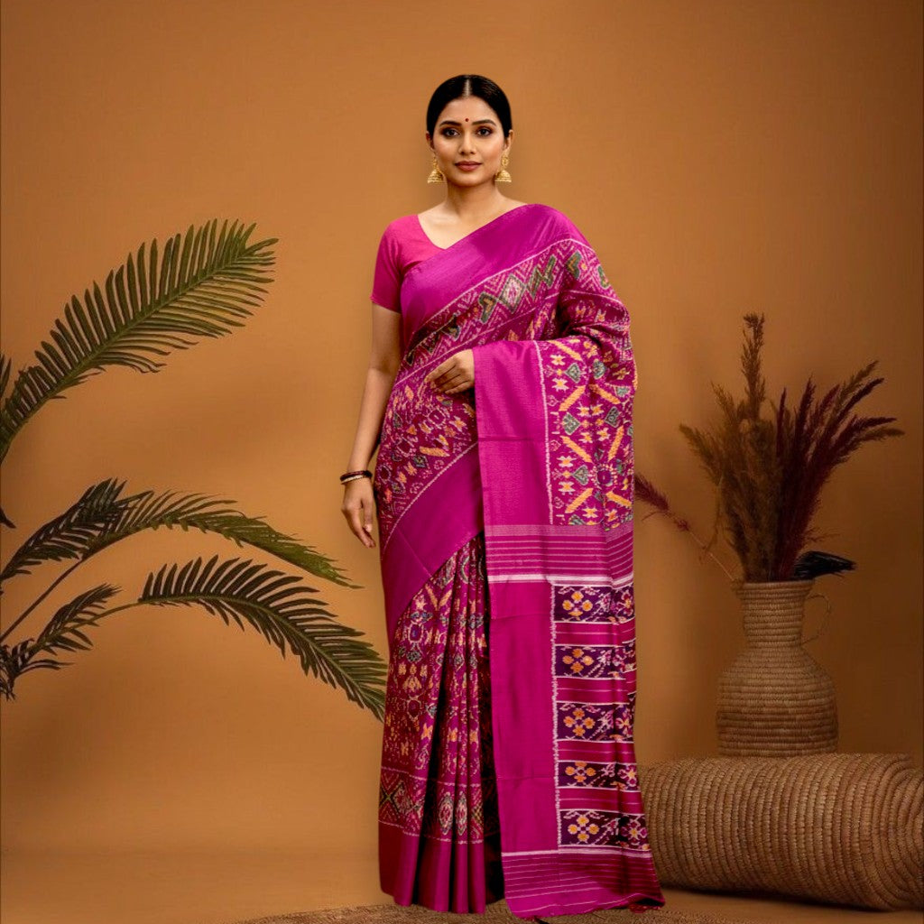 Ikkat Silk Patola Pink SAri_ pochampallysarees.com