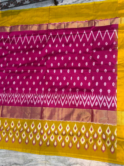 Pure Pochampally Ikkat Silk Saree - Vibrant Magenta &amp; Mustard Yellow with Classic Zari Border | Handwoven Traditional Wear