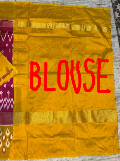 Pure Pochampally Ikkat Silk Saree - Vibrant Magenta &amp; Mustard Yellow with Classic Zari Border | Handwoven Traditional Wear