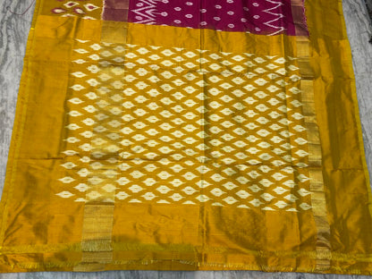 Pure Pochampally Ikkat Silk Saree - Vibrant Magenta &amp; Mustard Yellow with Classic Zari Border | Handwoven Traditional Wear