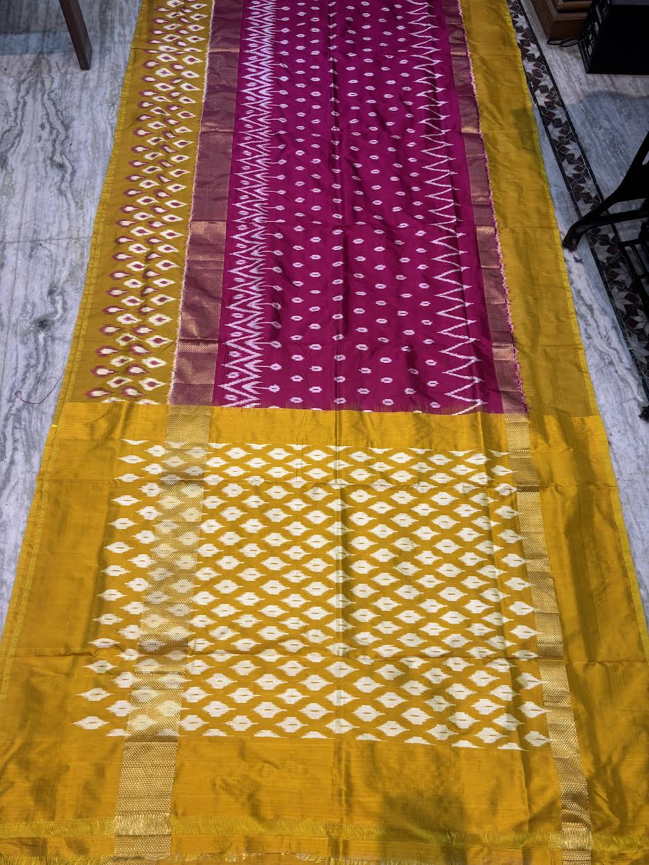 Pure Pochampally Ikkat Silk Saree - Vibrant Magenta &amp; Mustard Yellow with Classic Zari Border | Handwoven Traditional Wear