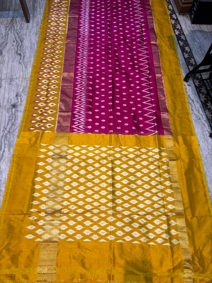 Pure Pochampally Ikkat Silk Saree - Vibrant Magenta &amp; Mustard Yellow with Classic Zari Border | Handwoven Traditional Wear