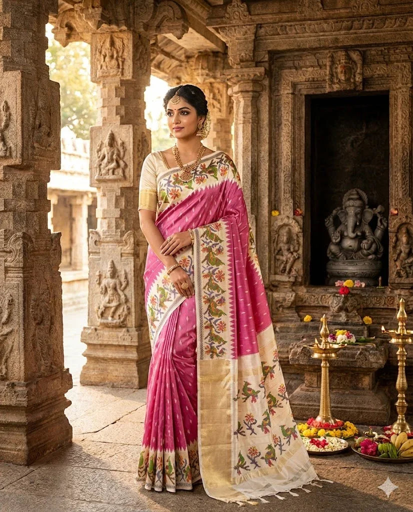POCHAMPALLY IKKAT PATOLA SILK PINK - pochampallysarees.com