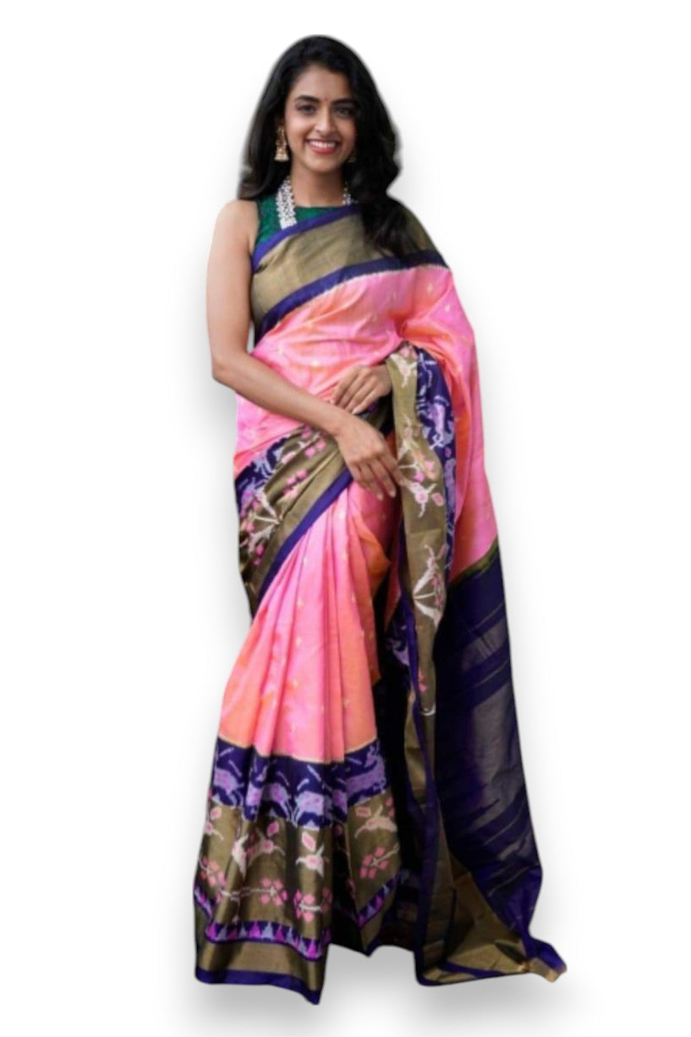Pure Pochampally Ikkat Silk Pink With Navy Blue Sari