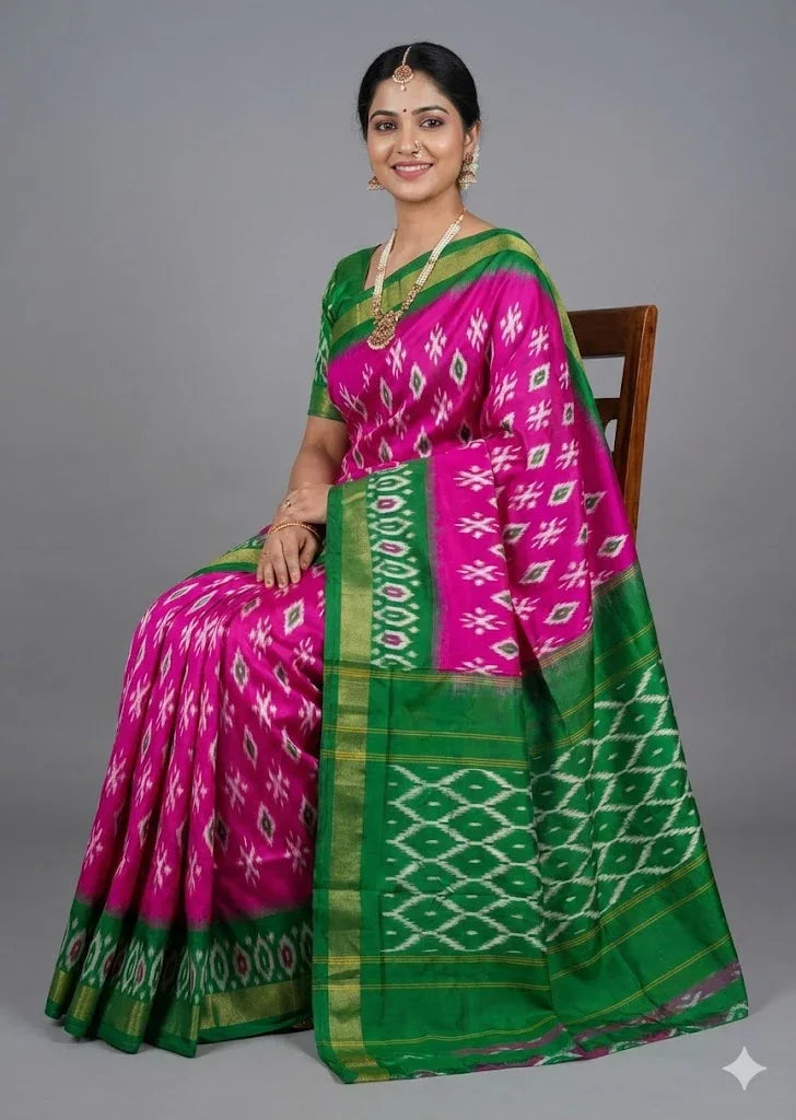 Pure Handloom Ikkat Silk Saree in Vibrant Pink with Contrast Green Pallu