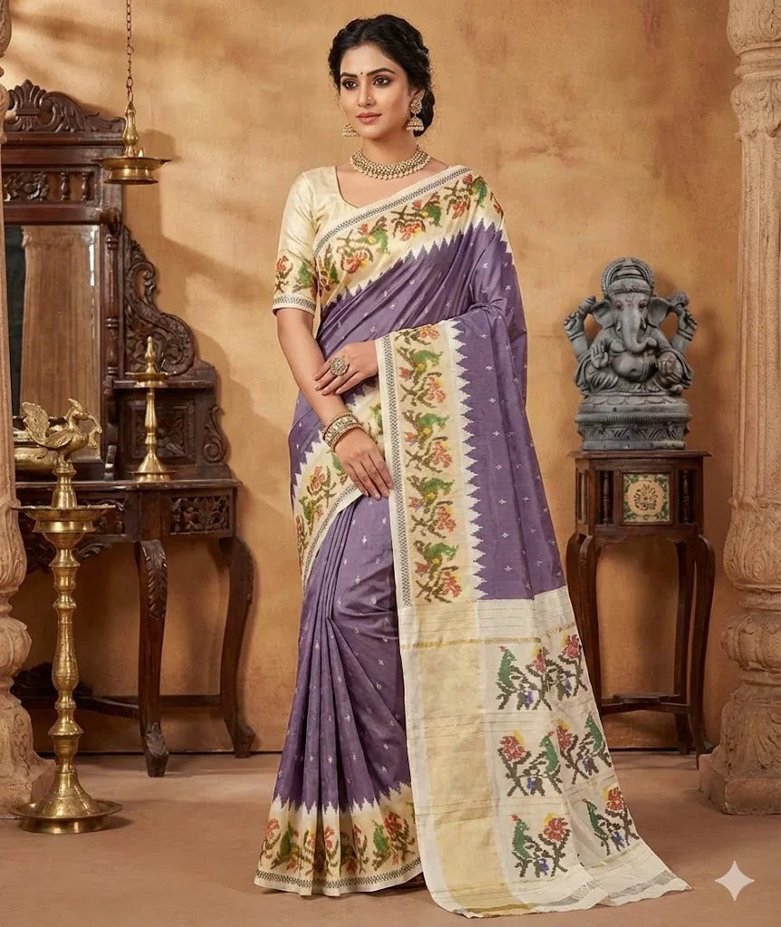 POCHAMPALLY IKKAT SILK MIDDLE PURPLE BORDER AND PALLU WHITE ZARI BORDER ALLOVER DESIGN SAREE - pochampallysarees.com