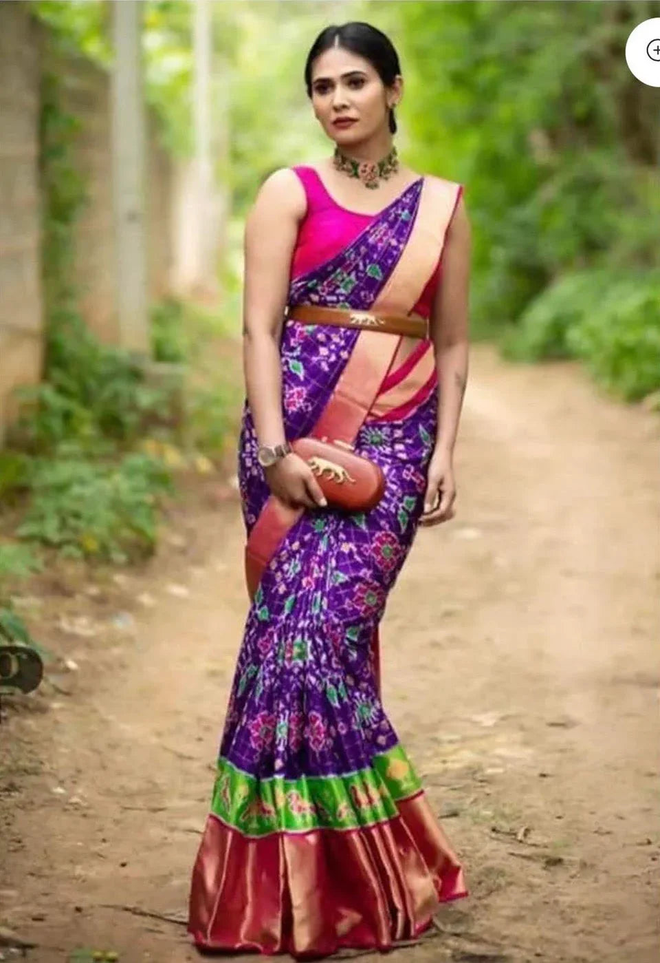 POCHAMPALLY IKKAT SILK MIDDLE PURPLE BORDER AND PALLU PINK ZARI BORDER ALLOVER CHECKS SAREE
