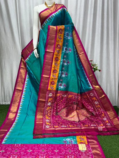 Pure Pochampally Ikkat Silk Saree in Teal &amp; Magenta | Elephant Motif Border | Traditional Handloom Pattu Saree - pochampallysarees.com
