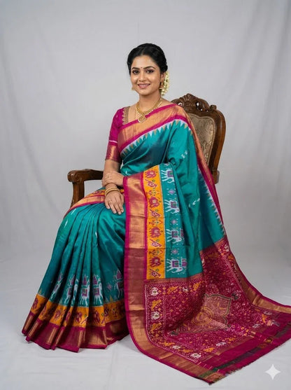 Pure Pochampally Ikkat Silk Saree in Teal &amp; Magenta | Elephant Motif Border | Traditional Handloom Pattu Saree - pochampallysarees.com