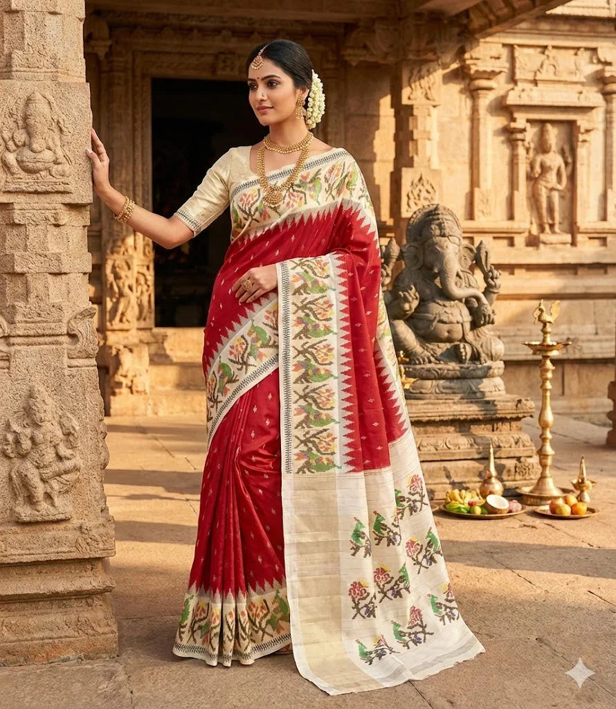 POCHAMPALLY IKKAT SILK RED SARI - pochampallysarees.com