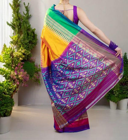 Pochampally Ikkat Silk Yellow Purple - pochampallysarees.com