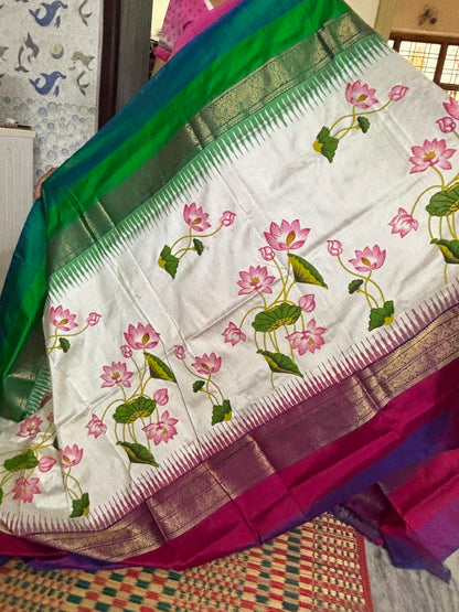 Pure Pochampally Ikkat Silk Kanchi Border Sari Online Cream With Purple Kalamkari Design