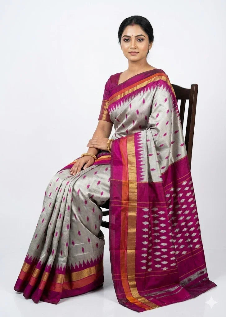 Elegant Silver &amp; Maroon Pochampally Ikkat Silk Saree with Temple Border - pochampallysarees.com