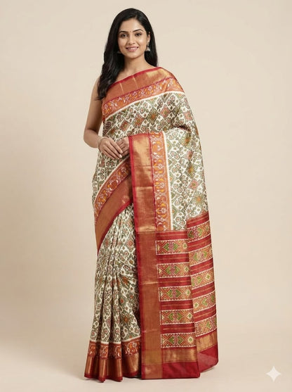 Premium Cream &amp; Copper-Red Ikkat Tissue Silk Saree | Geometric Pochampally Handloom with Zari Border | Festive Wedding Wear