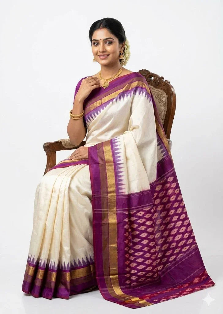 Pure Ikkat Silk Saree in Off-White with Rich Purple Temple Border &amp; Zari Pallu | Traditional Festive Wear - pochampallysarees.com
