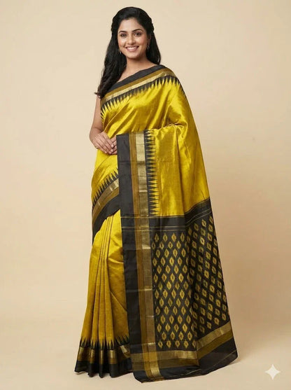 Pure Ikkat Silk Saree in Vibrant Yellow &amp; Black | Traditional Temple Border with Geometric Diamond Pallu | Handloom Party Wear Saree with Blouse Piece - pochampallysarees.com