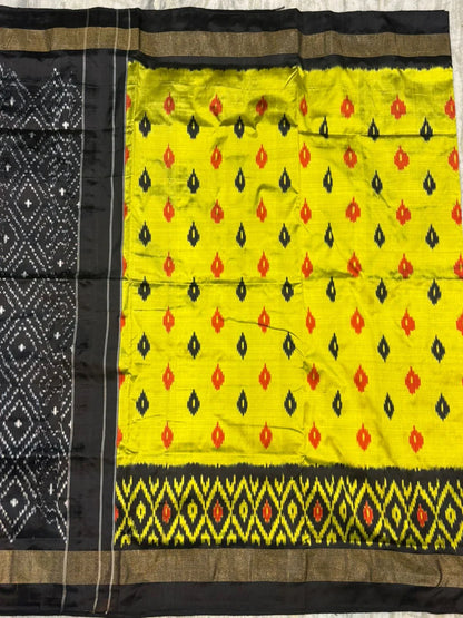 Pure Pochampally Ikkat Silk Saree in Radiant Yellow &amp; Black | Traditional Handwoven Zari Border Saree for Weddings &amp; Festivals - pochampallysarees.com