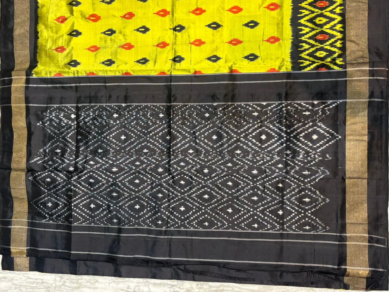 Pure Pochampally Ikkat Silk Saree in Radiant Yellow &amp; Black | Traditional Handwoven Zari Border Saree for Weddings &amp; Festivals - pochampallysarees.com