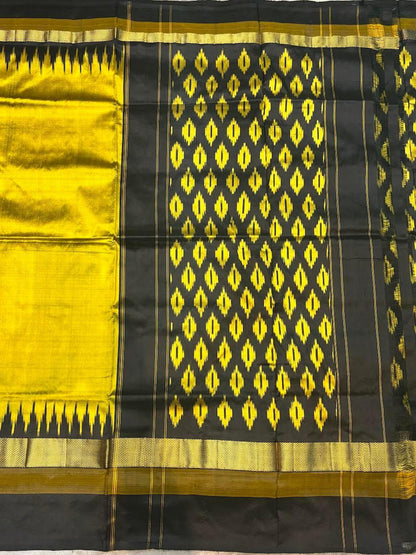 Pure Ikkat Silk Saree in Vibrant Yellow &amp; Black | Traditional Temple Border with Geometric Diamond Pallu | Handloom Party Wear Saree with Blouse Piece - pochampallysarees.com
