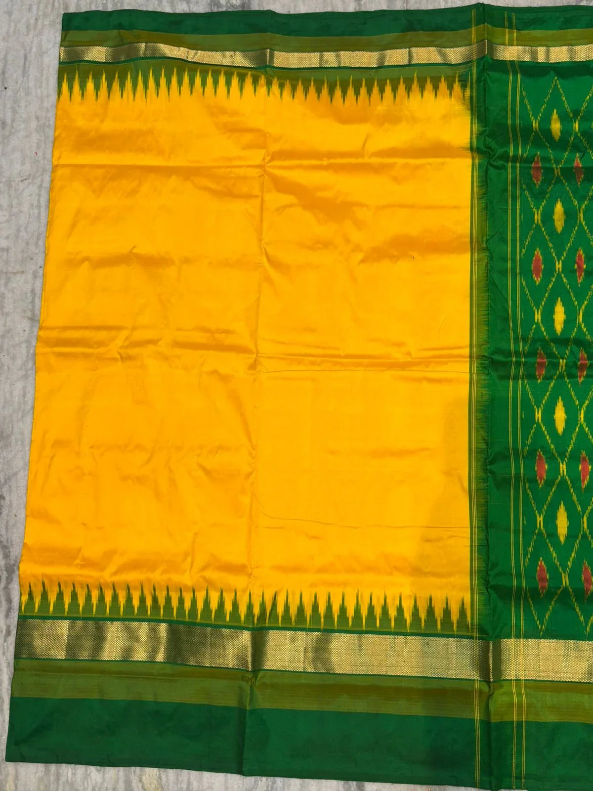 Pure Ikkat Silk Saree in Vibrant Yellow &amp; Emerald Green | Traditional Temple Border with Woven Zari - pochampallysarees.com