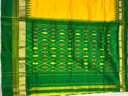 Pure Ikkat Silk Saree in Vibrant Yellow &amp; Emerald Green | Traditional Temple Border with Woven Zari - pochampallysarees.com