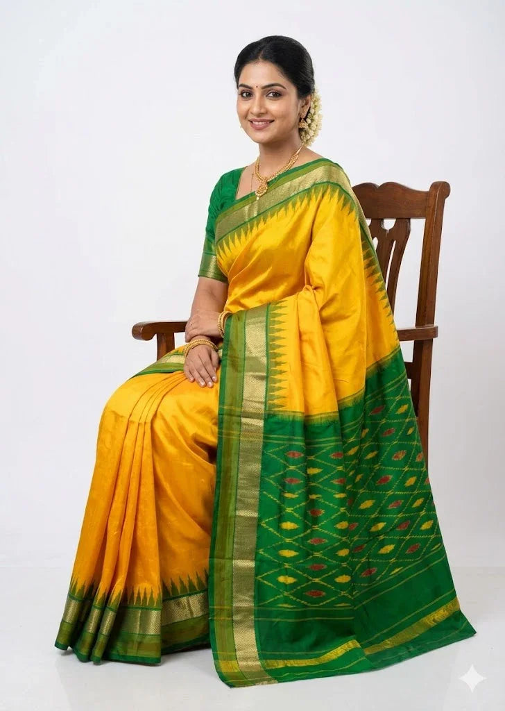 Pure Ikkat Silk Saree in Vibrant Yellow &amp; Emerald Green | Traditional Temple Border with Woven Zari - pochampallysarees.com