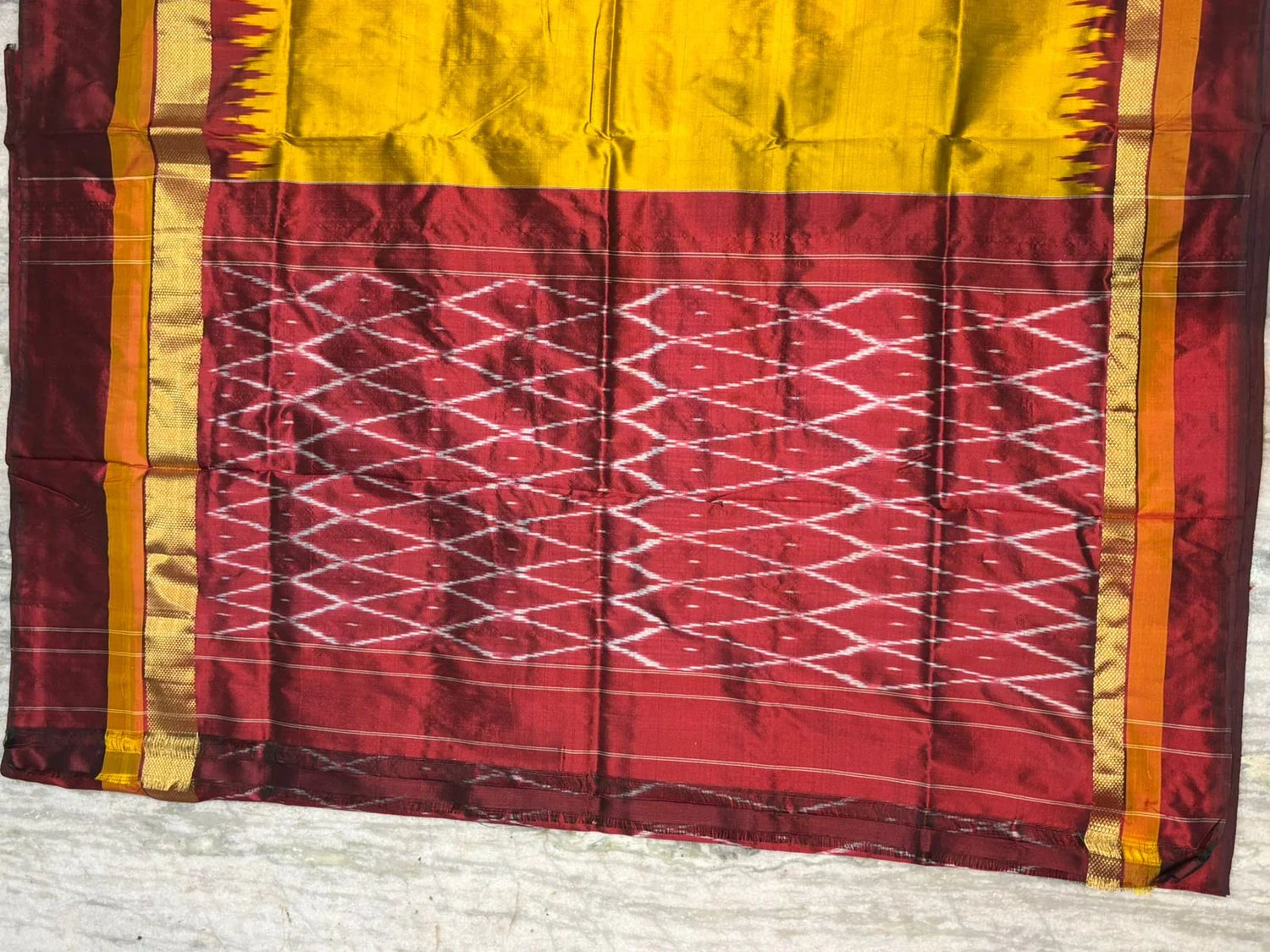 Authentic Pure Ikkat Silk Saree - Mustard Yellow &amp; Maroon with Zari Temple Border - pochampallysarees.com