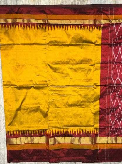 Authentic Pure Ikkat Silk Saree - Mustard Yellow &amp; Maroon with Zari Temple Border - pochampallysarees.com