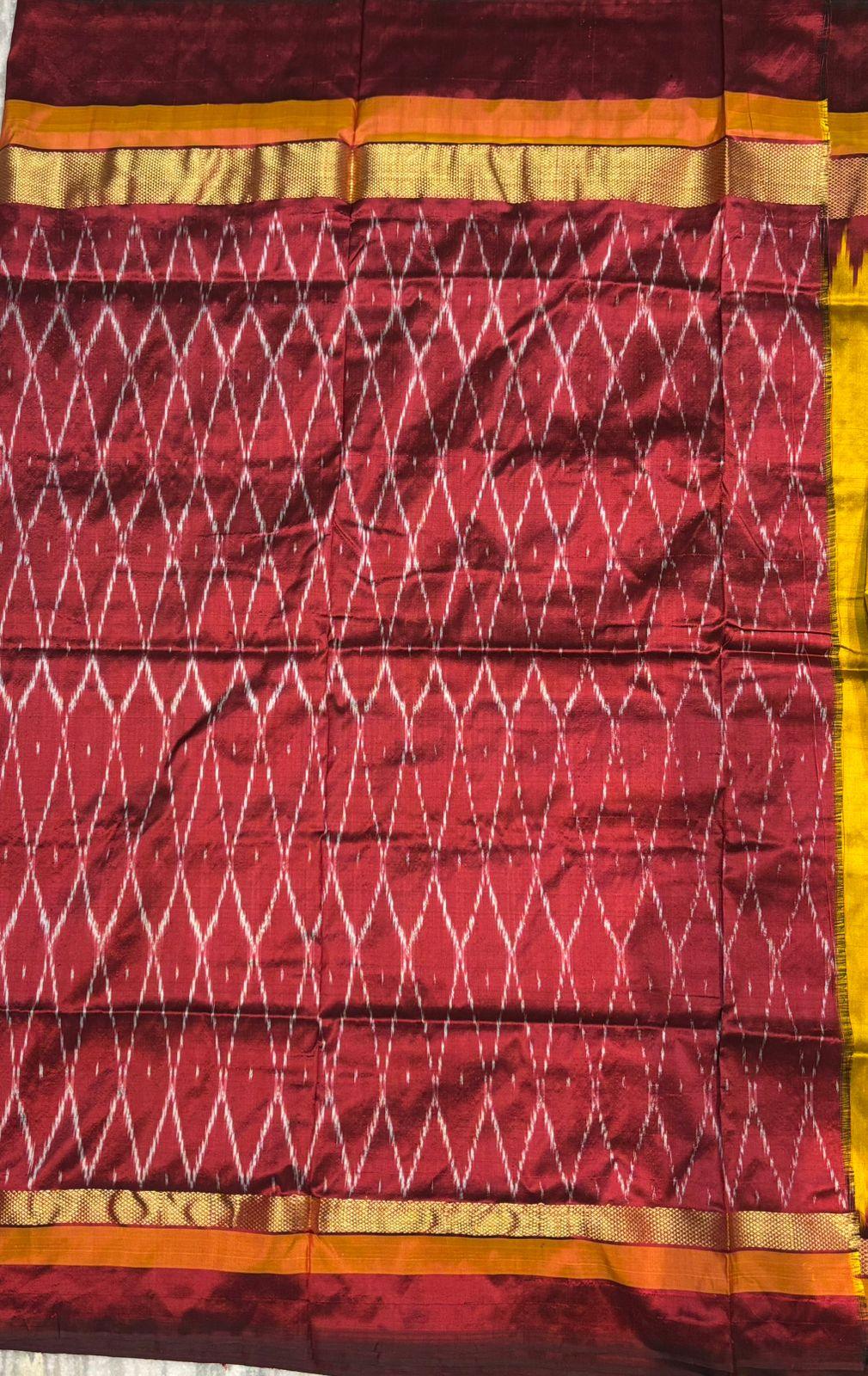 Authentic Pure Ikkat Silk Saree - Mustard Yellow &amp; Maroon with Zari Temple Border - pochampallysarees.com