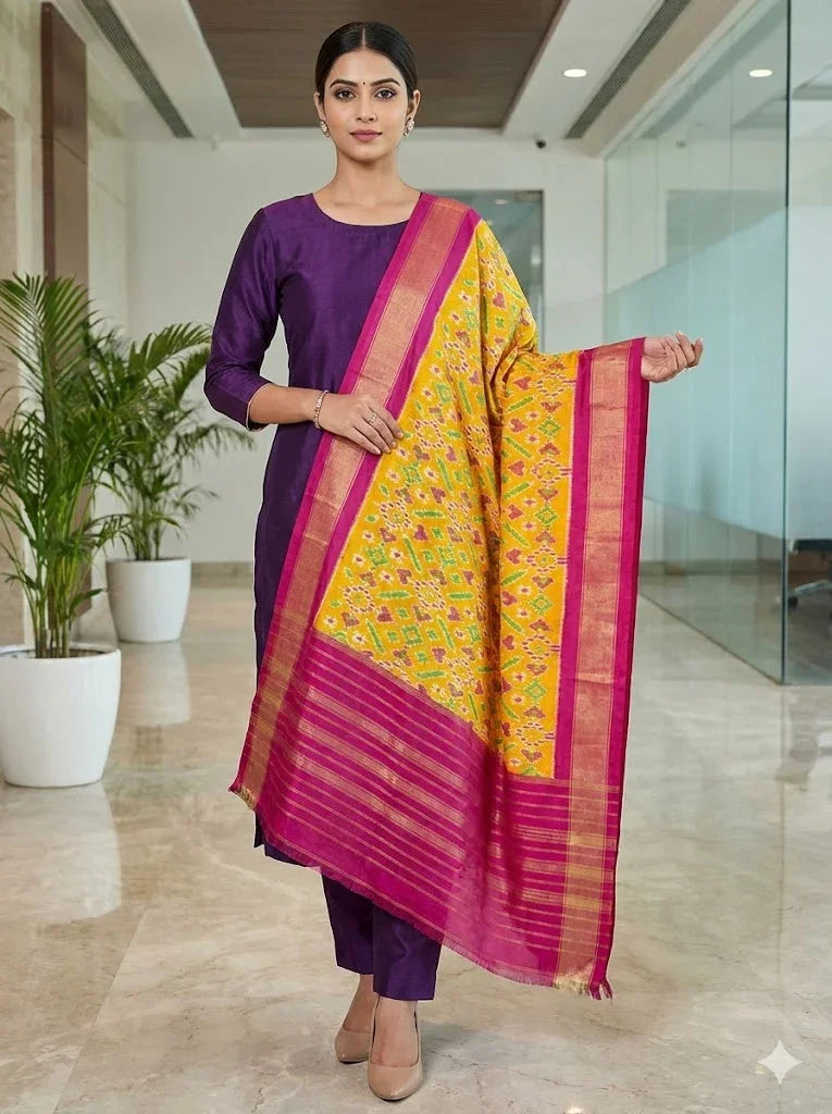 Ikkat Silk Dupatta Yellow Pink - pochampallysarees.com
