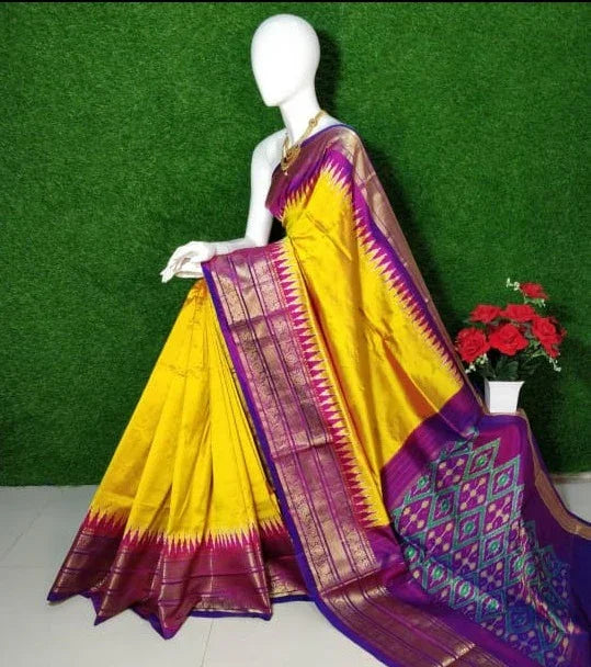 Pochampally Ikat Silk Yellow Plain Body With Border And Pallu Purple Sari - pochampallysarees.com