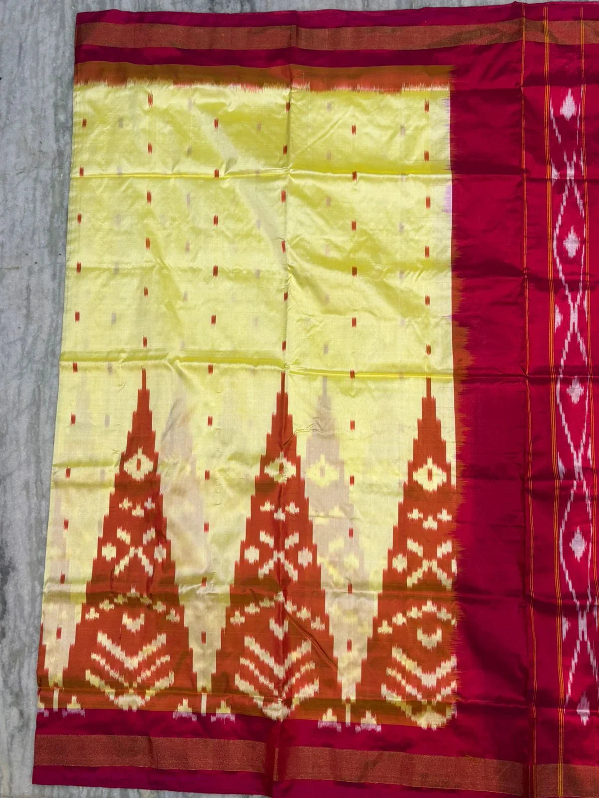 Traditional Pure Ikkat Silk Saree – Vibrant Yellow with Red Temple Border - pochampallysarees.com