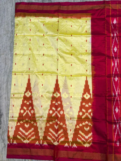 Traditional Pure Ikkat Silk Saree – Vibrant Yellow with Red Temple Border - pochampallysarees.com
