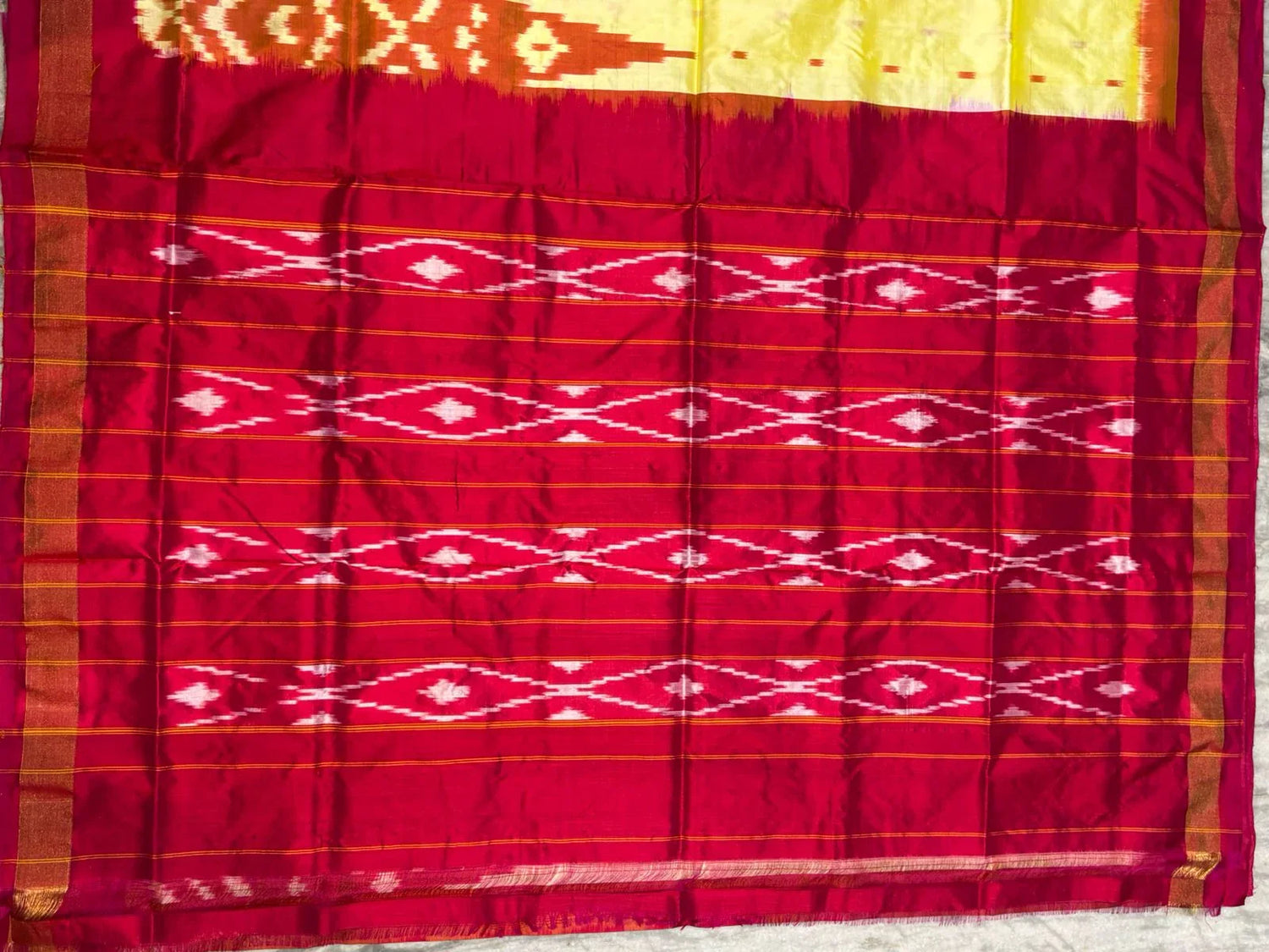 Traditional Pure Ikkat Silk Saree – Vibrant Yellow with Red Temple Border - pochampallysarees.com