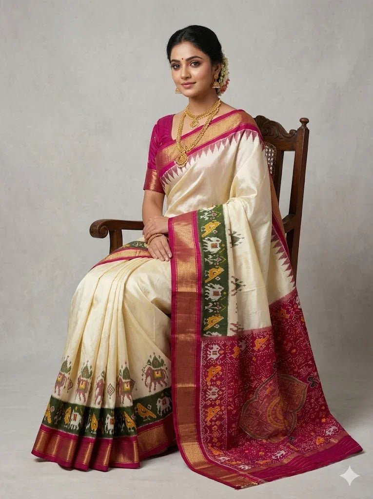 Pure Handloom Ikkat Silk Saree in Cream &amp; Magenta | Traditional Pochampally Silk with Elephant Motifs, Temple Zari Border &amp; Designer Pallu | Wedding &amp; Festive Wear - pochampallysarees.com
