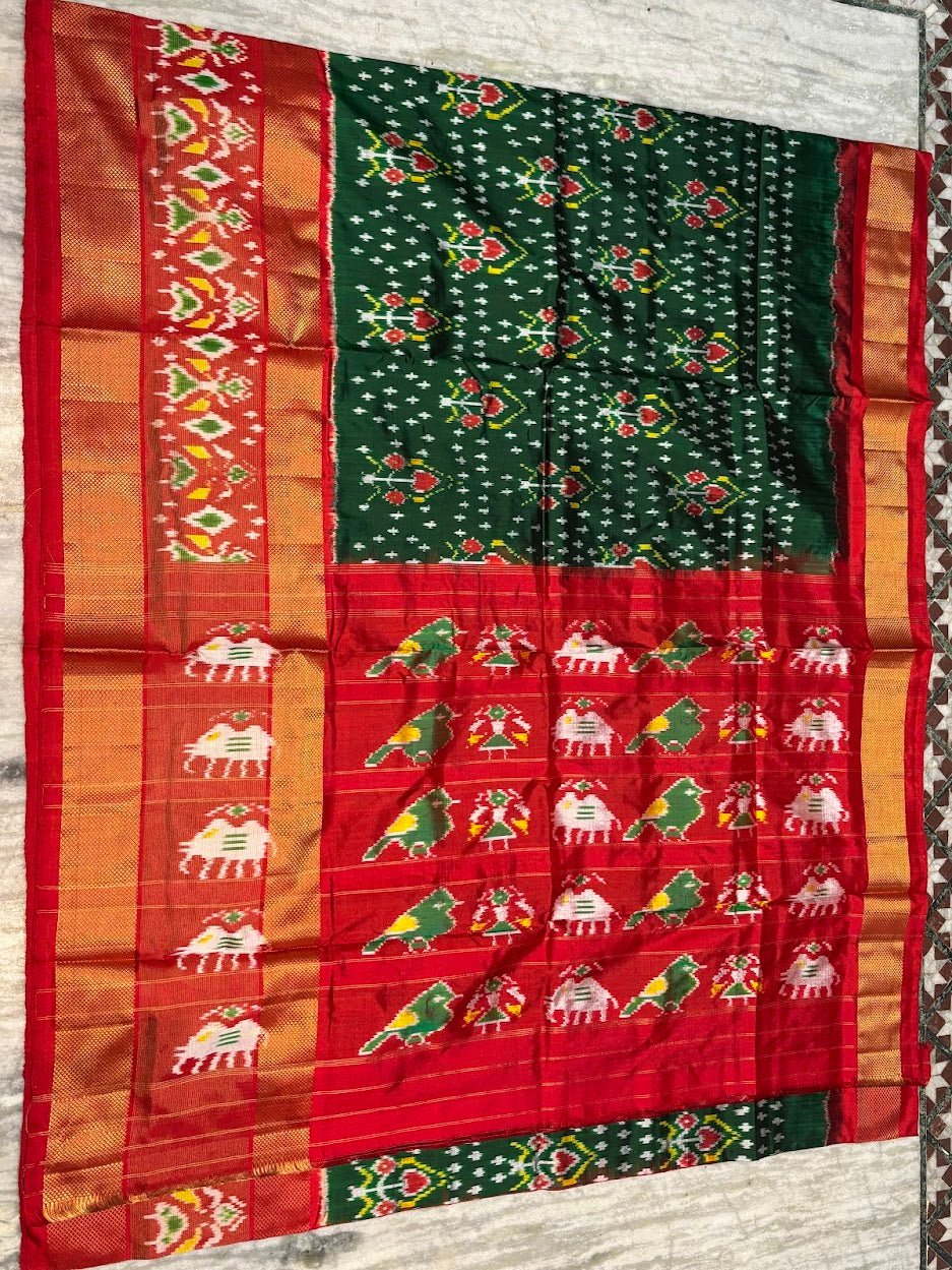 Premium Green &amp; Red Pure Ikkat Silk Saree | Traditional Parrot &amp; Elephant Motifs | Rich Gold Zari Border - pochampallysarees.com