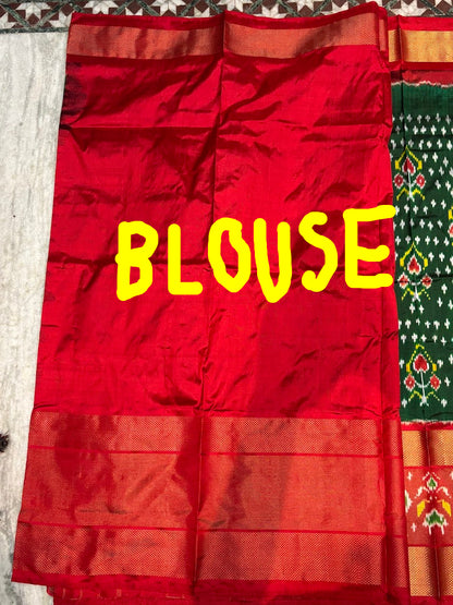 Premium Green &amp; Red Pure Ikkat Silk Saree | Traditional Parrot &amp; Elephant Motifs | Rich Gold Zari Border - pochampallysarees.com