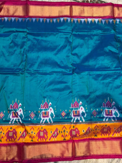 Pure Pochampally Ikkat Silk Saree in Teal &amp; Magenta | Elephant Motif Border | Traditional Handloom Pattu Saree - pochampallysarees.com