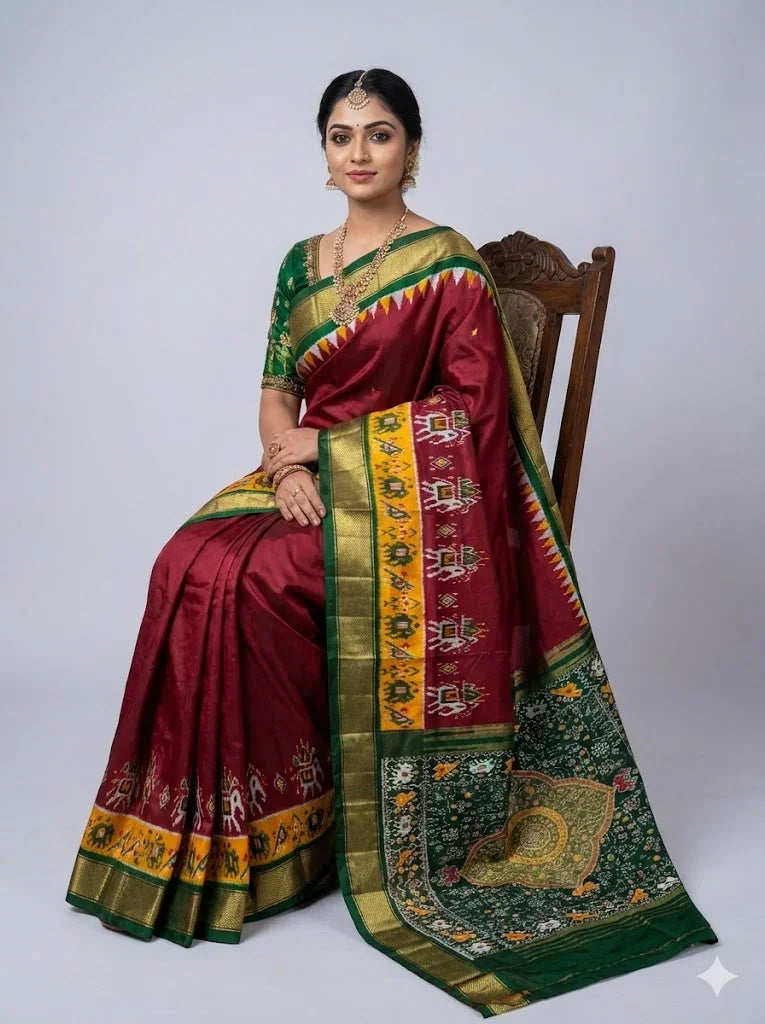 Pure Pochampally Ikkat Silk Saree in Maroon &amp; Green with Intricate Elephant Motifs and Zari Border - pochampallysarees.com