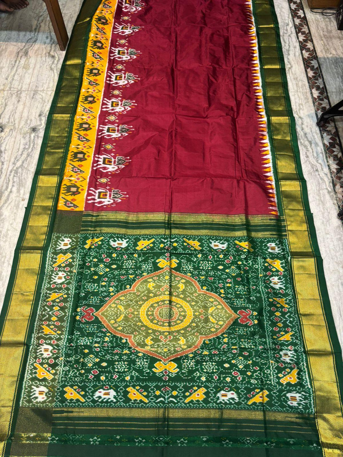 Pure Pochampally Ikkat Silk Saree in Maroon &amp; Green with Intricate Elephant Motifs and Zari Border - pochampallysarees.com