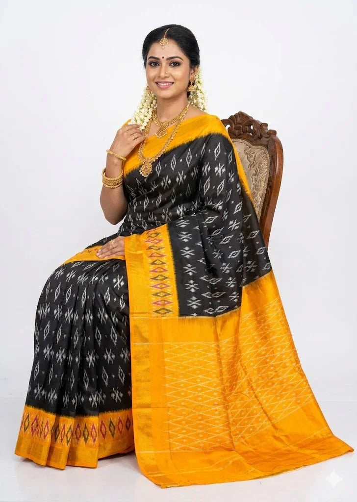 Elegant Black and Yellow Pure Ikkat Silk Saree with Traditional Geometric Weave - pochampallysarees.com