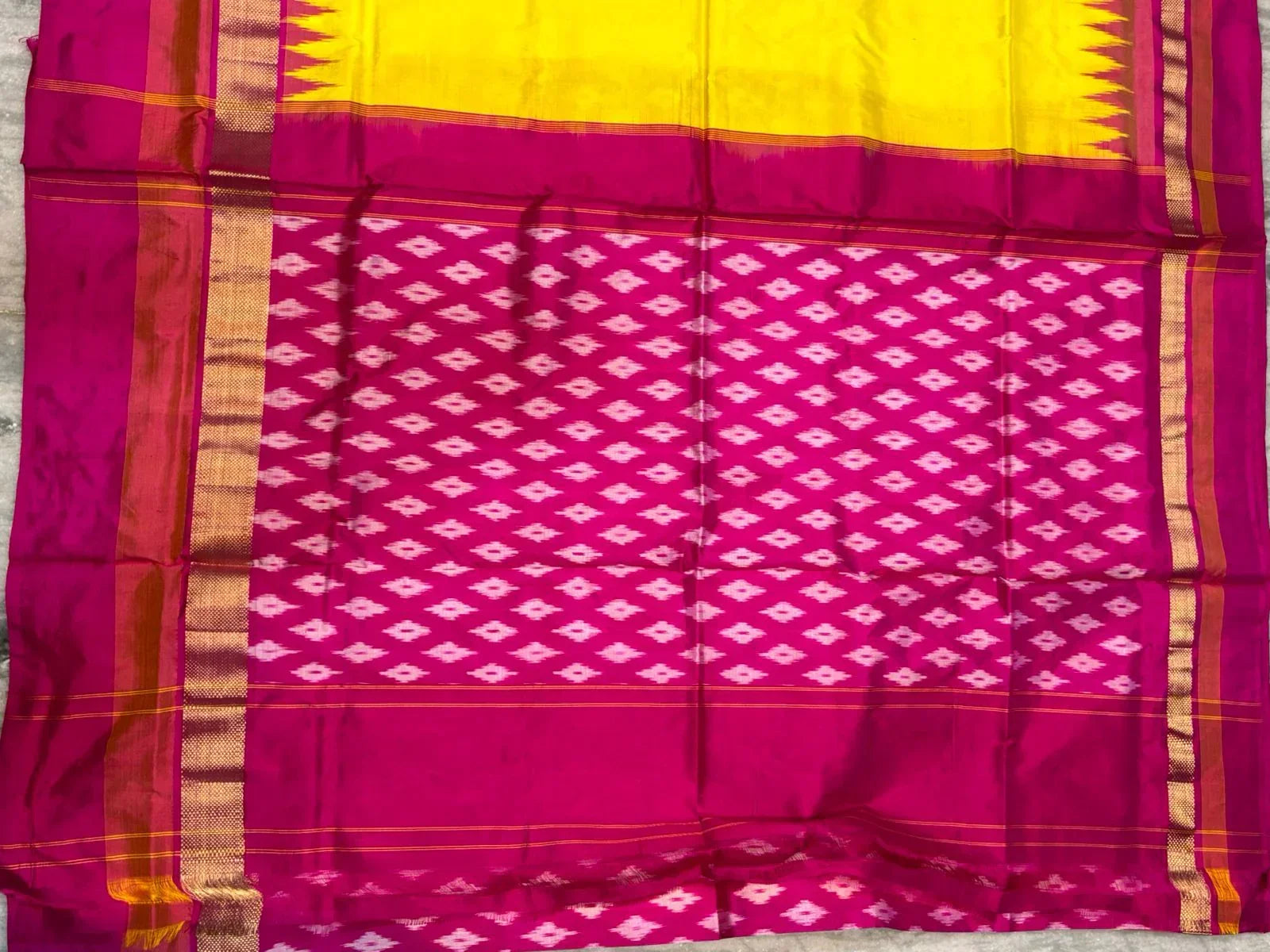 Traditional Yellow &amp; Pink Ikkat Silk Saree with Temple Border - pochampallysarees.com