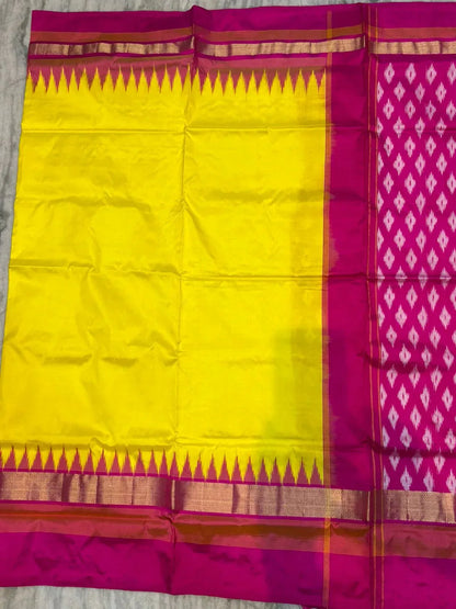 Traditional Yellow &amp; Pink Ikkat Silk Saree with Temple Border - pochampallysarees.com