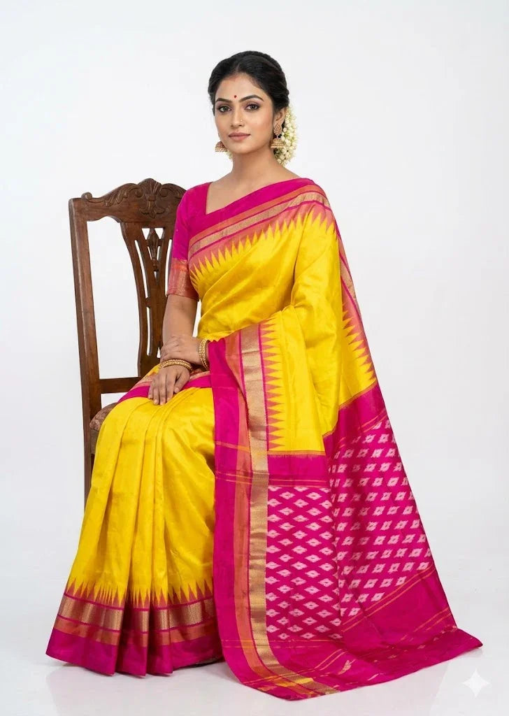 Traditional Yellow &amp; Pink Ikkat Silk Saree with Temple Border - pochampallysarees.com