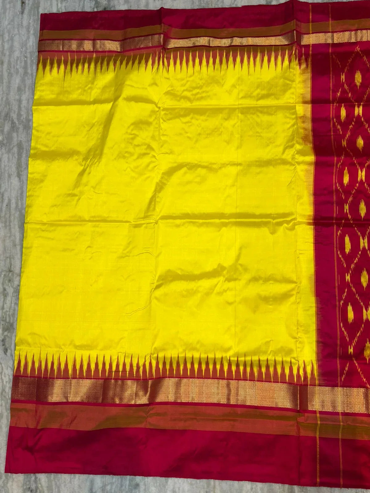Yellow &amp; Maroon Pure Ikkat Silk Saree with Traditional Temple Border | Zari Pallu - pochampallysarees.com