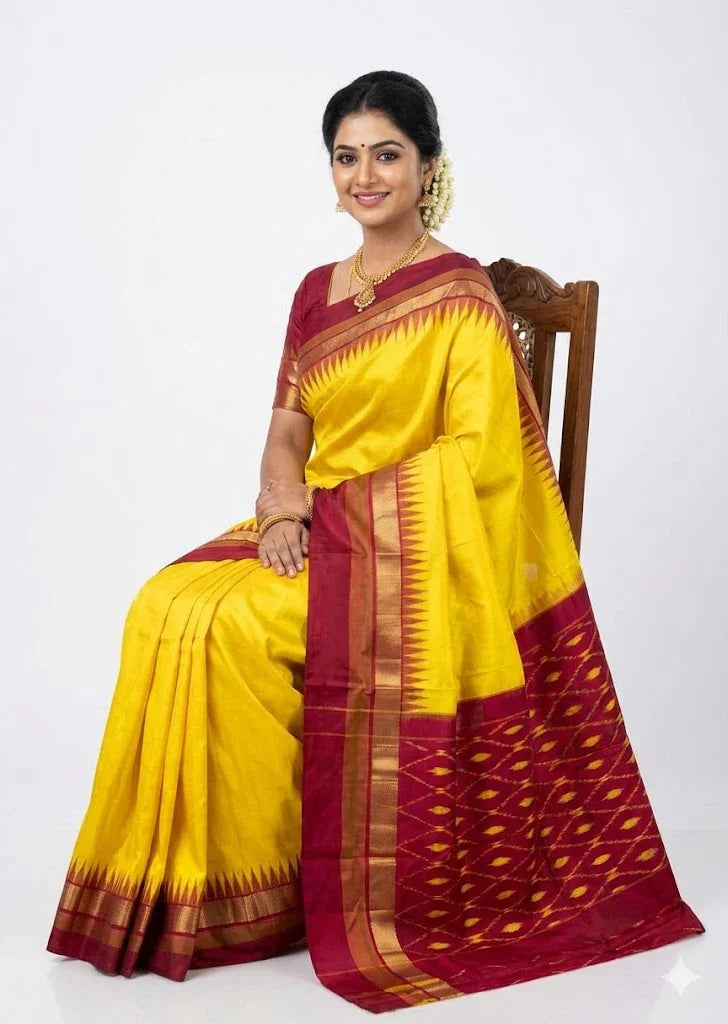 Yellow &amp; Maroon Pure Ikkat Silk Saree with Traditional Temple Border | Zari Pallu - pochampallysarees.com
