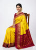 Yellow & Maroon Pure Ikkat Silk Saree with Traditional Temple Border | Zari Pallu - pochampallysarees.com