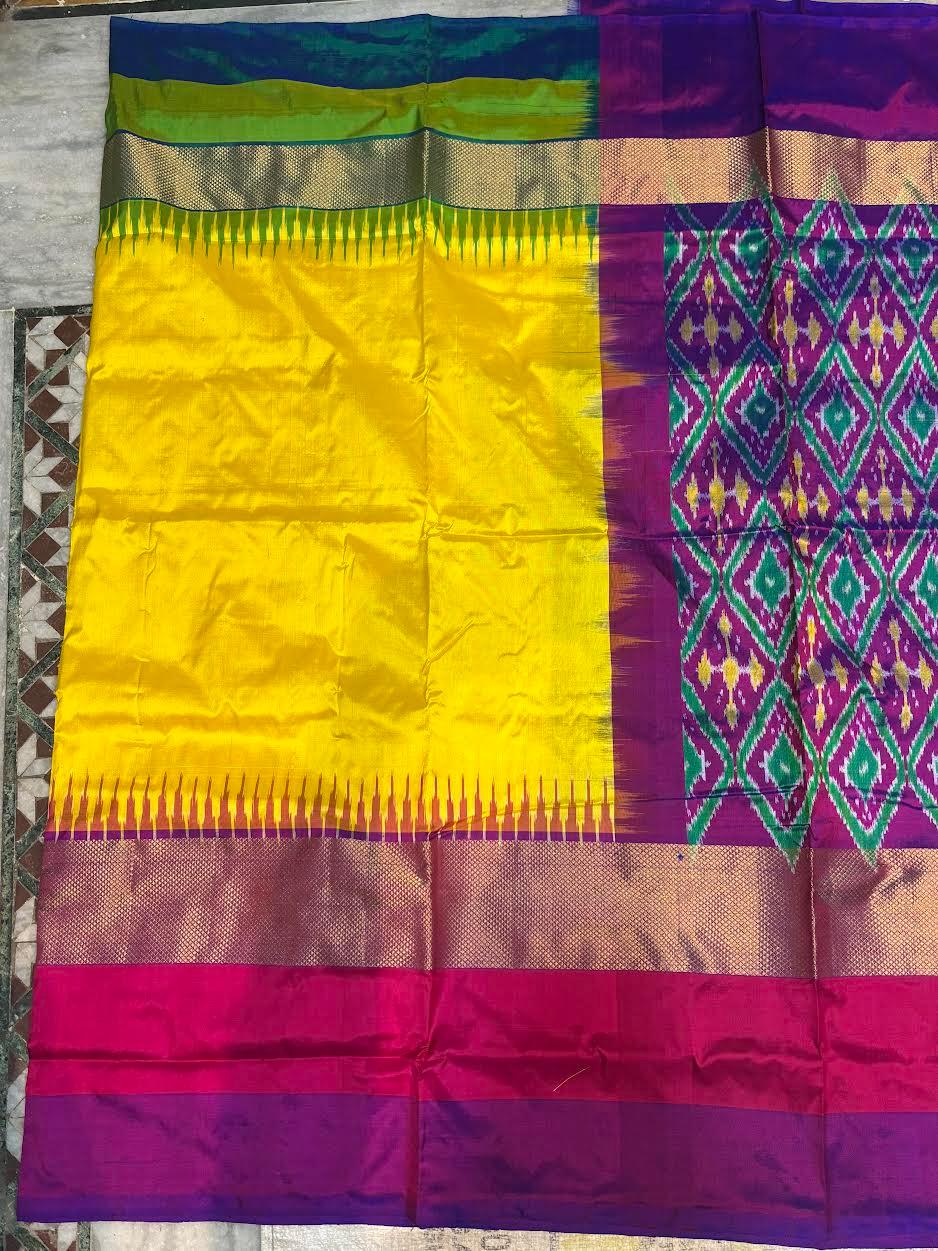 Pure Ikkat Silk Saree in Sunshine Yellow with Ganga Jamuna Border | Heavy Geometric Purple Pallu &amp; Matching Ikkat Designer Blouse | Traditional Handloom Silk for Weddings - pochampallysarees.com