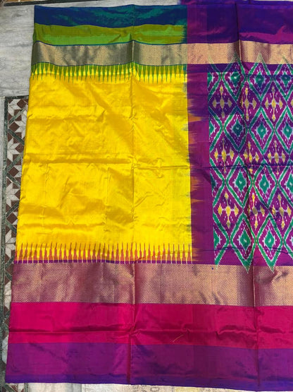 Pure Ikkat Silk Saree in Sunshine Yellow with Ganga Jamuna Border | Heavy Geometric Purple Pallu &amp; Matching Ikkat Designer Blouse | Traditional Handloom Silk for Weddings - pochampallysarees.com